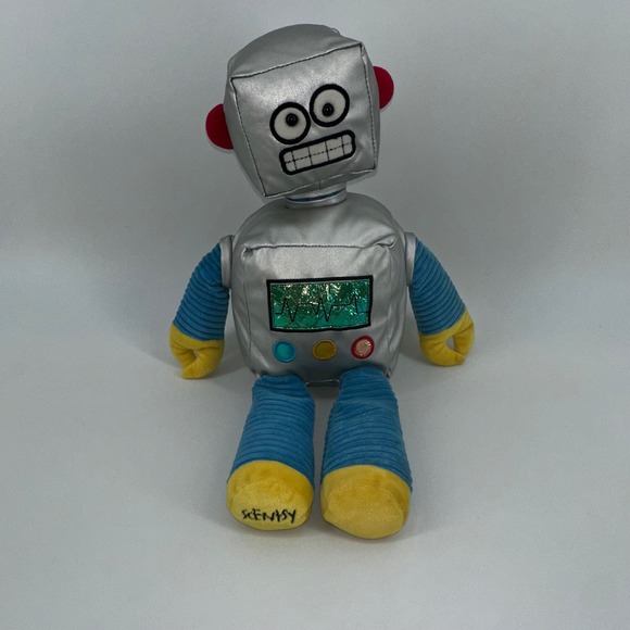 Scentsy Robot Plush Toy Stuffed Animal Silver Blue Yellow Kids Decor - Picture 1 of 7